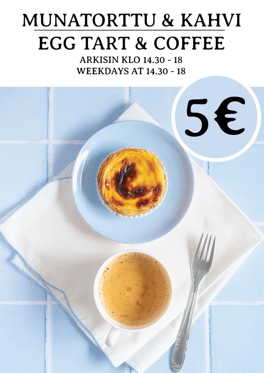 Kahvi/tee + munatorttu = 5 €
